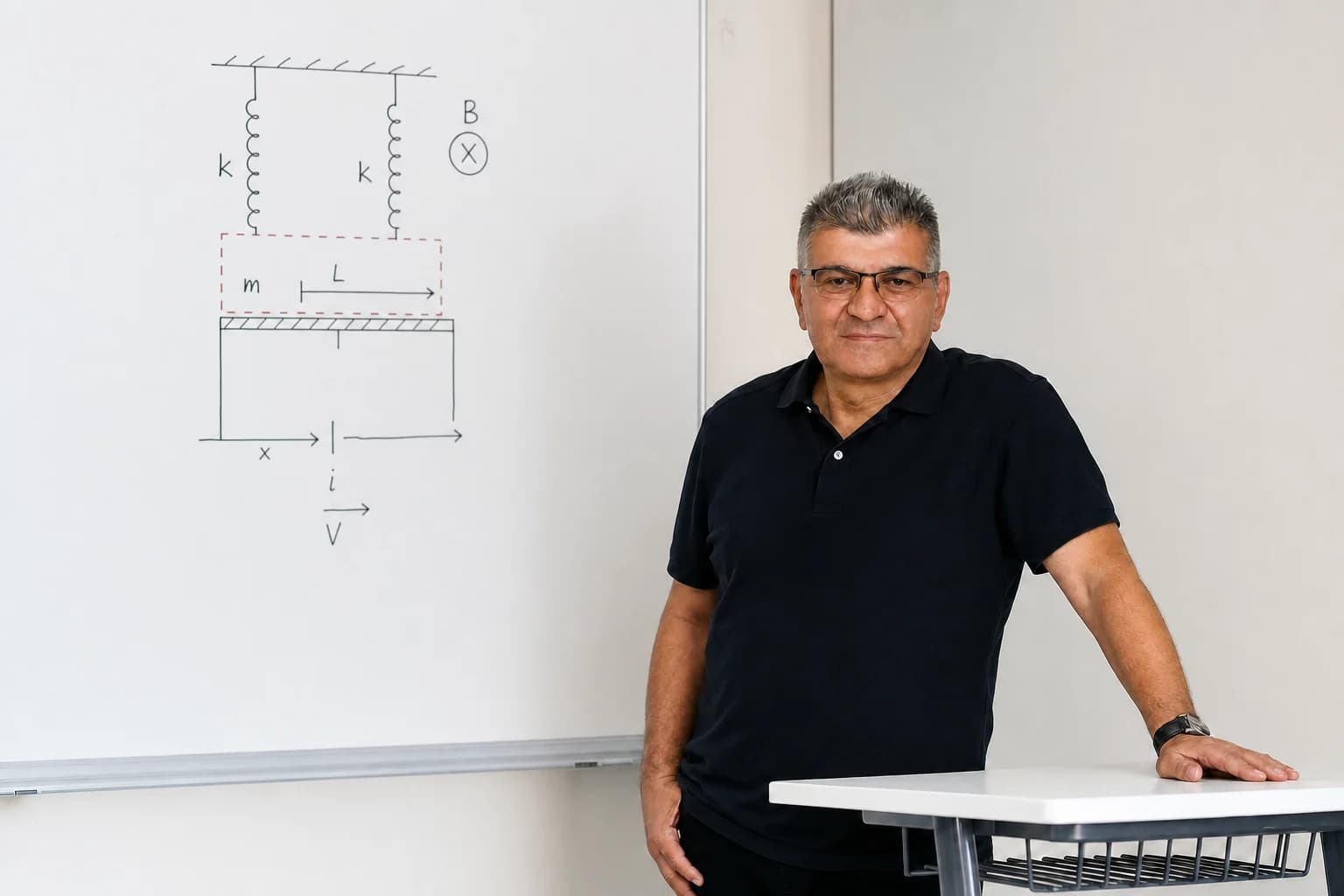 Fizik öğretmeni Hakan Ülker tahtada mekanik ve manyetizma sorusu anlatırken